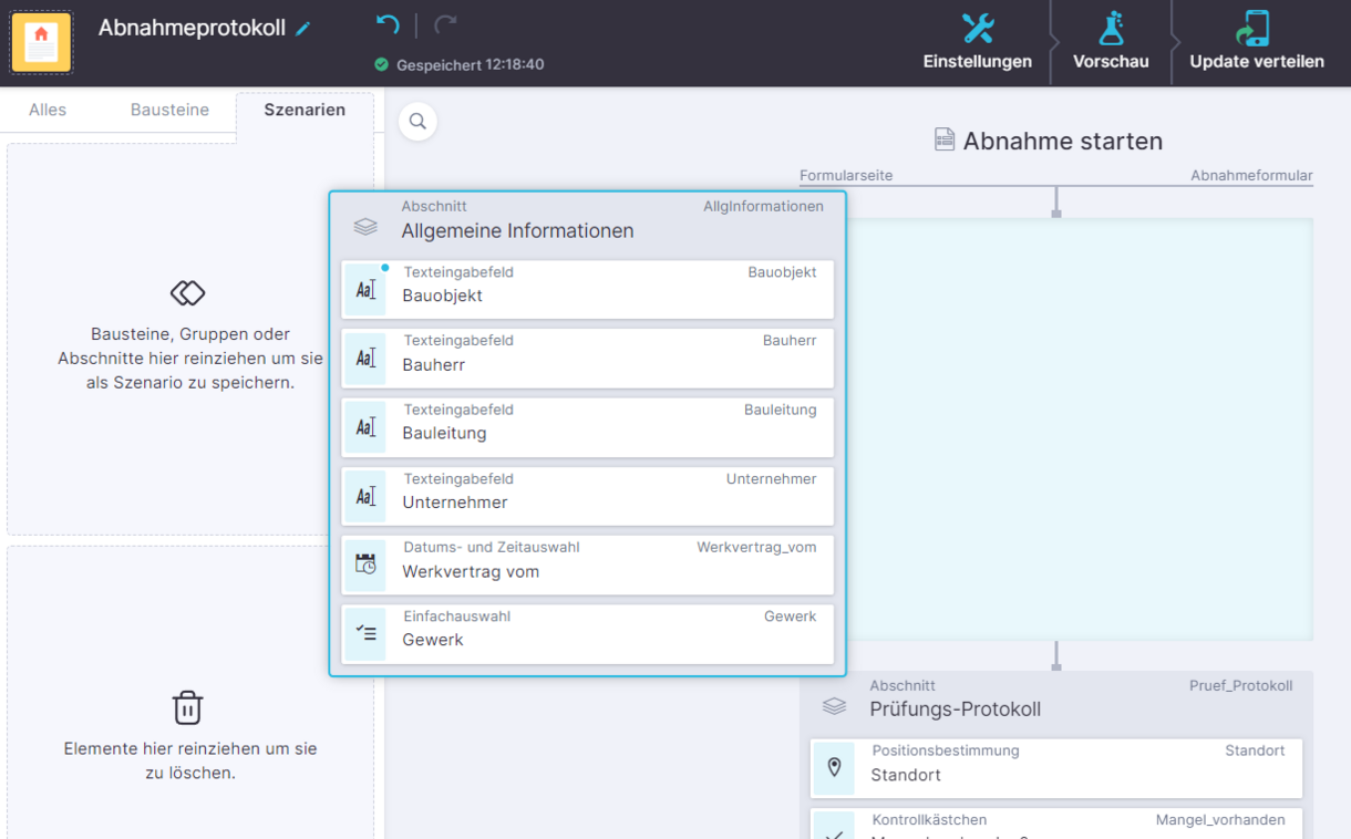 Screenshot der Erstellung eines Eigenen Szenarios per Drag-and-Drop