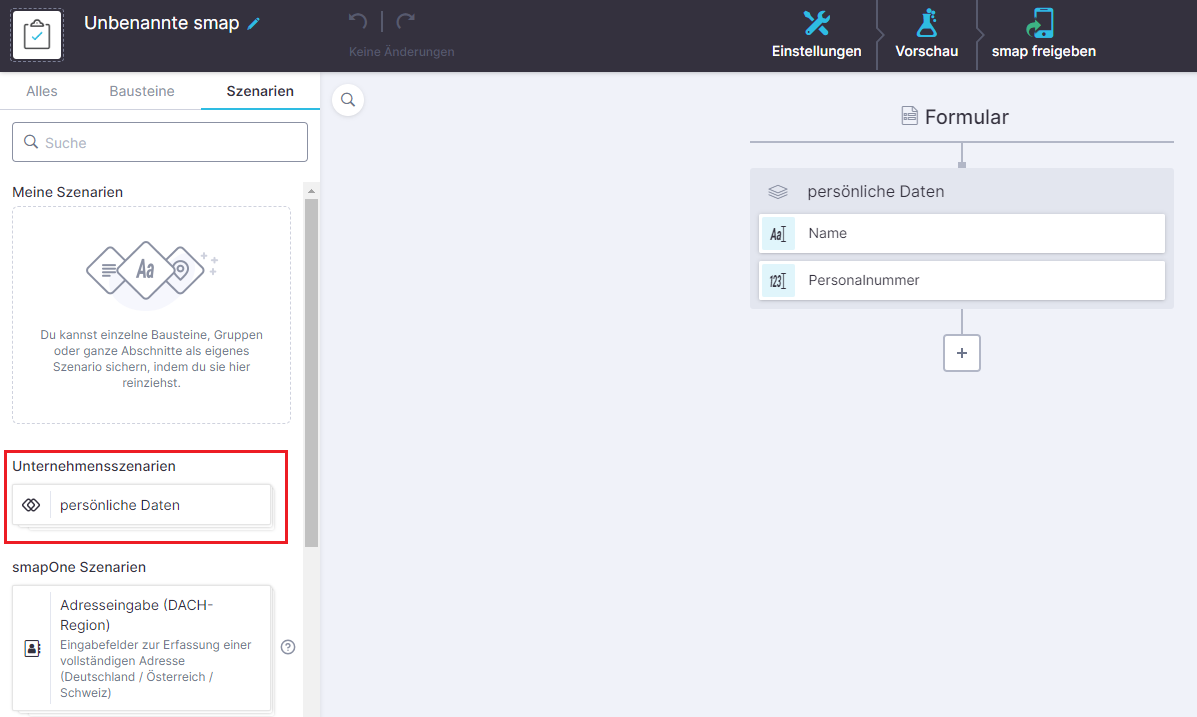 Screenshot der Anzeige von Unternehmensszenarien im smapOne Designer eines Creatorenaccounts
