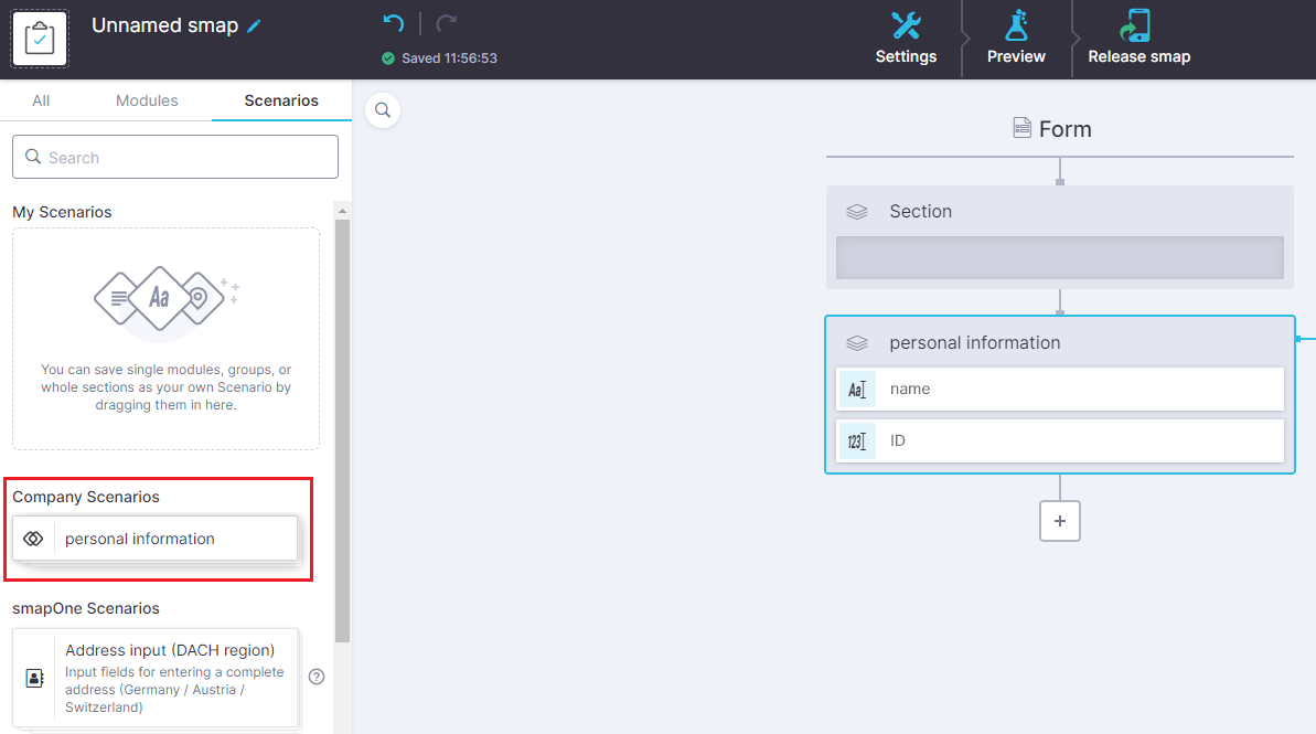 Screenshot of the display of Company Scenarios in the smapOne Designer of a creator account