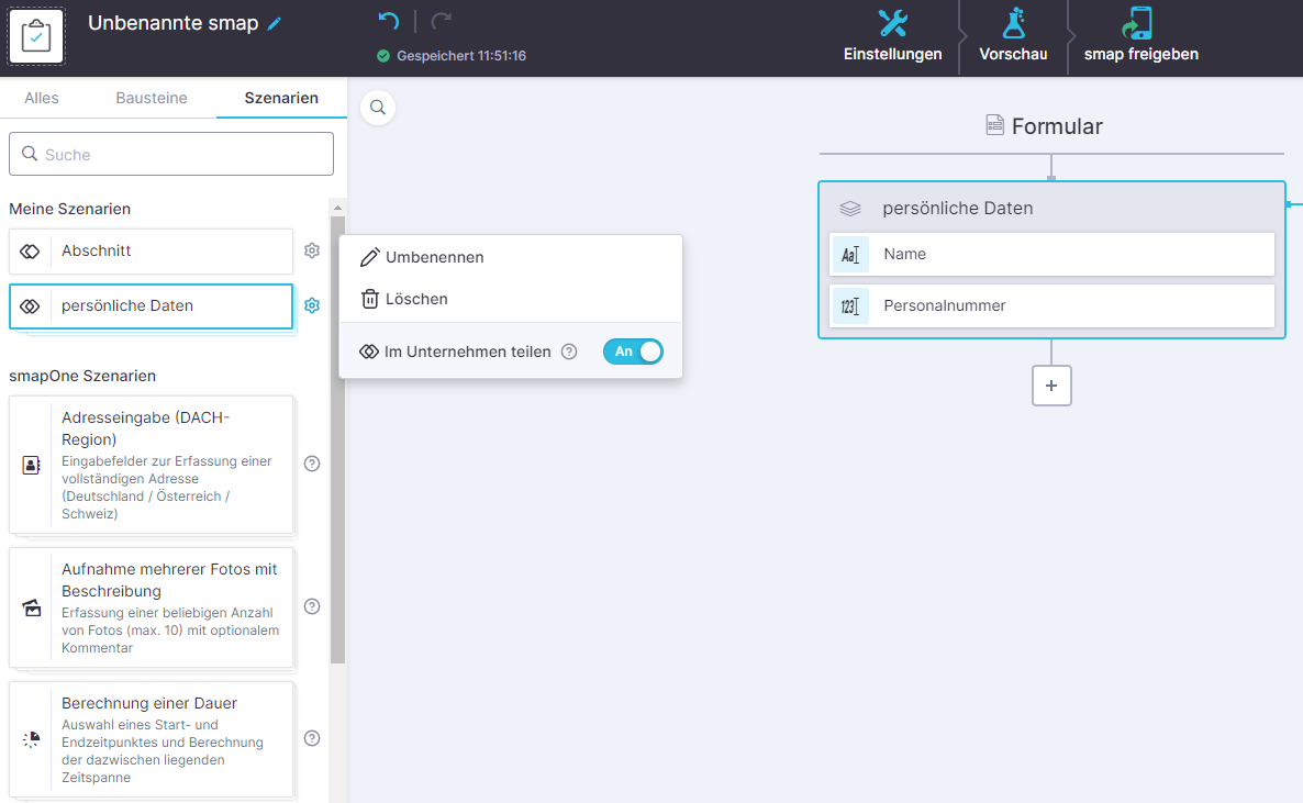 Screenshot der Freigabe eines Unternehmensszenarios im Masteraccount