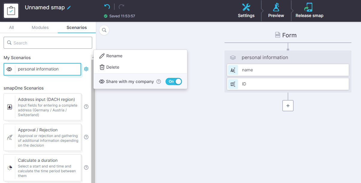 Screenshot of the release of an Company Scenario in the master account