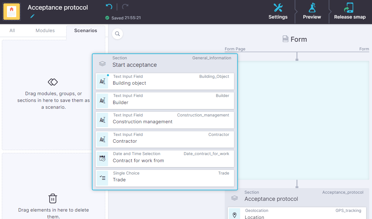 Screenshot of the creation of an Custom Scenario via drag-and-drop
