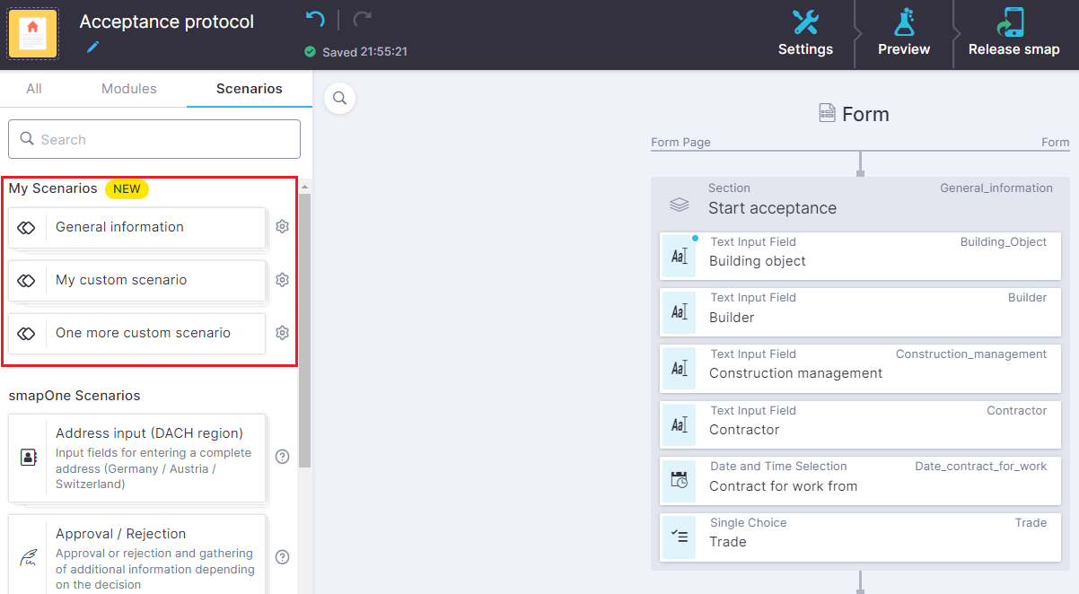 Screenshot of the placement of the Custom Scenarios function in smapOne Designer