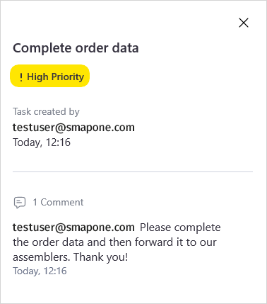 Details of a task with information about priority, creator, date and comments
